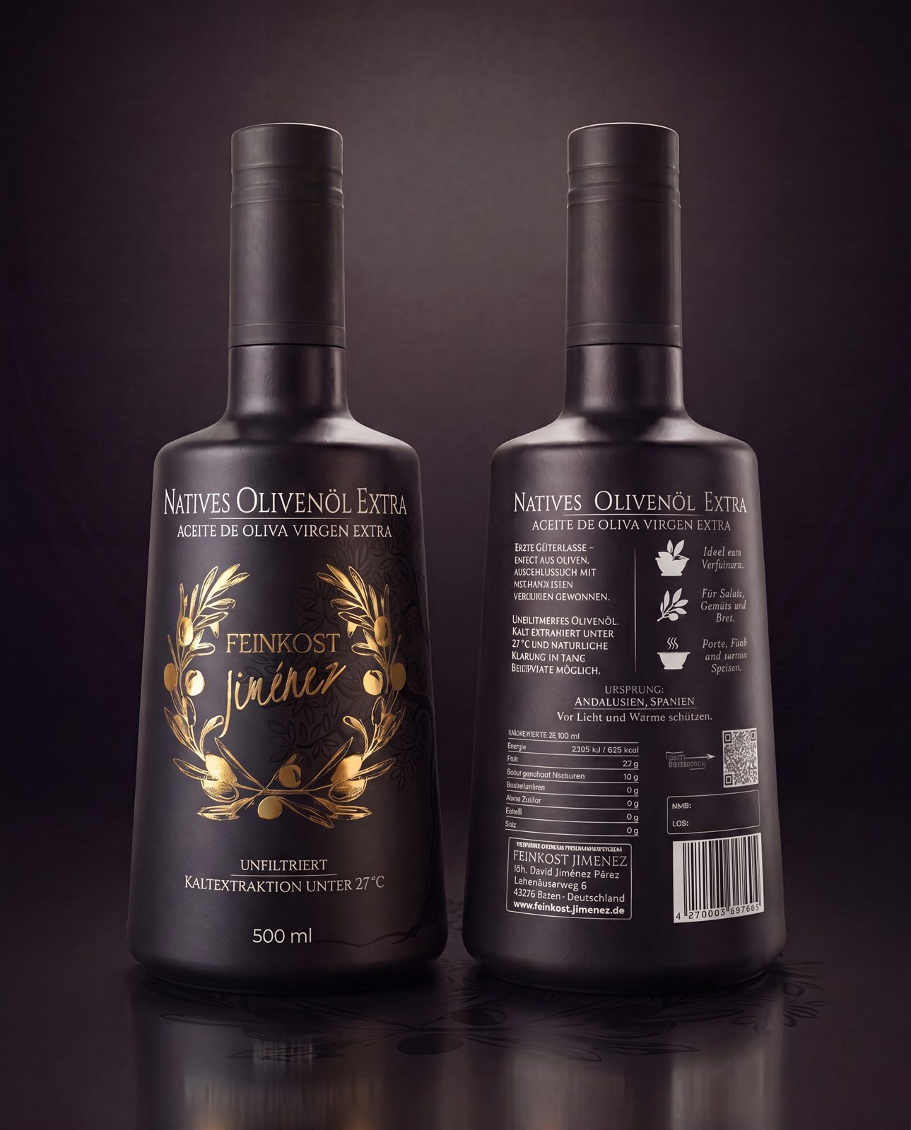 Feinkost Jiménez – Vorder- und Rückseite der 500-ml-Flasche