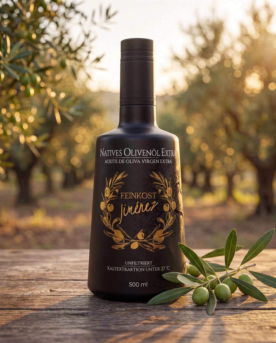 Feinkost Jiménez Flasche im Olivenhain